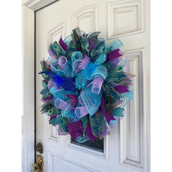 Peacock Feathers Deco Mesh Ribbon Wreath Year Round Everyday Wall Hanger Decor - Picture 8 of 9